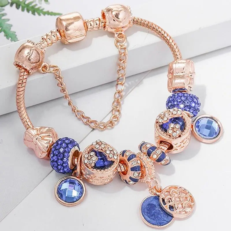 Bracelet en argent rose avec cristal bleu