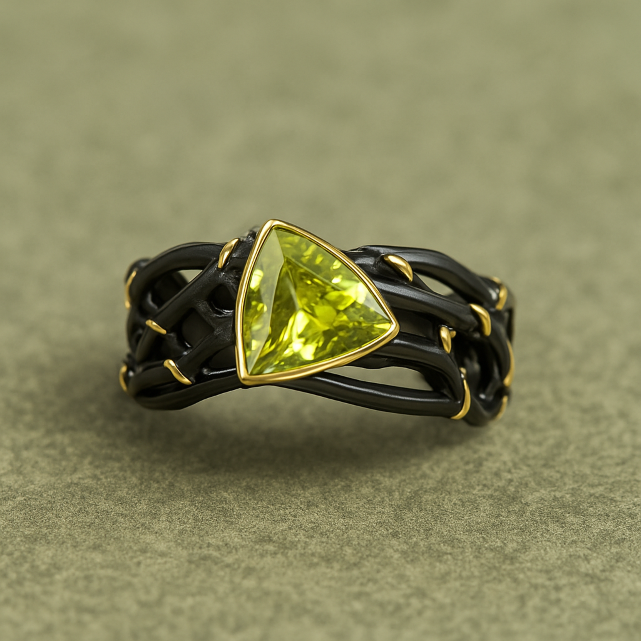 Bague tressée en or noir avec pierre précieuse verte